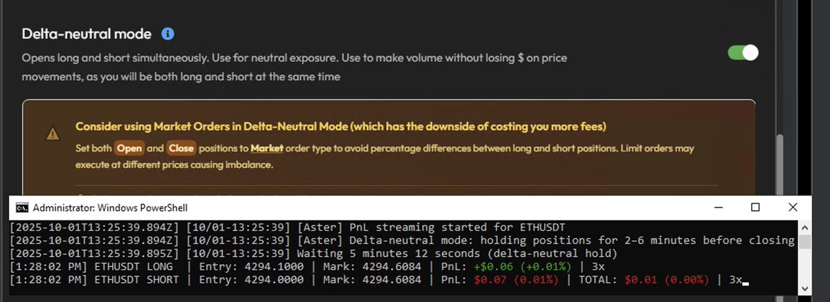SOL_Decoder's tweet image. Tired of farming @Aster_DEX, but getting rekt on price movements?

Come try out our new Delta-neutral mode, now LIVE ⚖️

We&apos;ll open up two positions for you within Aster (soon one in Aster, and another in Lighter/Pacifica), so huge price movements won&apos;t affect you :)

Time to…