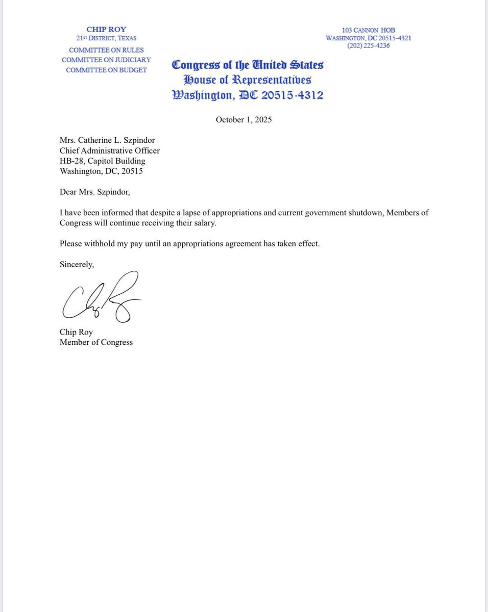 🚨Rep. Roy has requested for his pay be withheld until the #SchumerShutdown ends.  

Members of Congress - including the Senate Democrats - shouldn’t take a paycheck either.