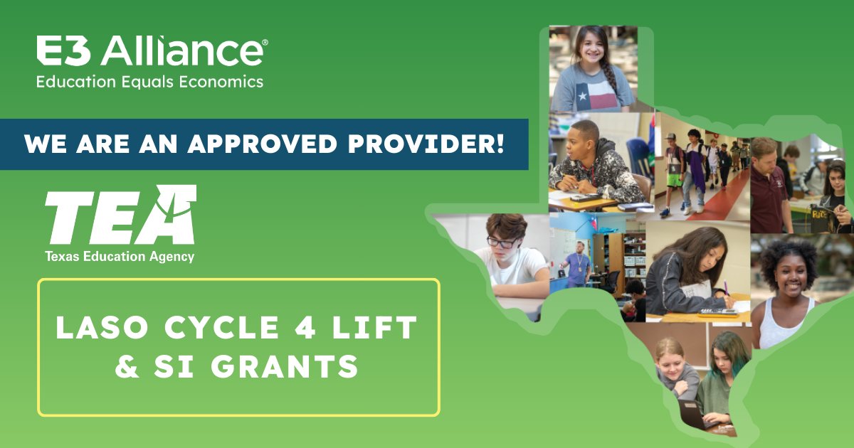 E3Alliance's tweet photo. E3 Alliance is excited to share we’re an approved provider for LASO Cycle 4 grants from @teainfo!

We can provide support as part of Leadership &amp; Instructional Foundations for Texas (LIFT) and School Improvement Curriculum and Instruction (SI CISG).🚀

🔗 https://t.co/OuIgQjXZ8d https://t.co/WkCJNdIjyT