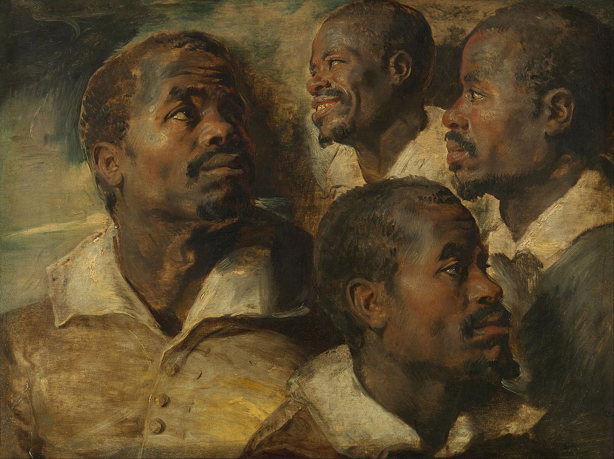 Una de las formas de trabajar de Rubens con sus ayudantes era realizar bocetos detallados para que los utilizaran cuando empezaban a pintar.

O reutilizaran en futuras composiciones.

Como es el caso de Cuatro estudios de un hombre africano (1614-16, <a href="/FineArtsBelgium/">Fine Arts Belgium</a>).