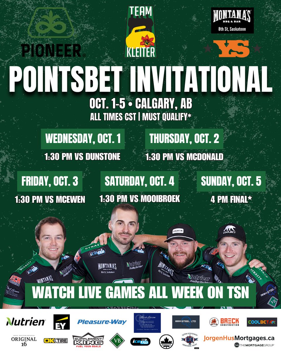 Back in action this week in Calgary, AB for the 2025 PointsBet Invitational! Games begin this afternoon for us. Catch the broadcast live on TSN 📺🥌

#PBI2025 #TeamKleiter
