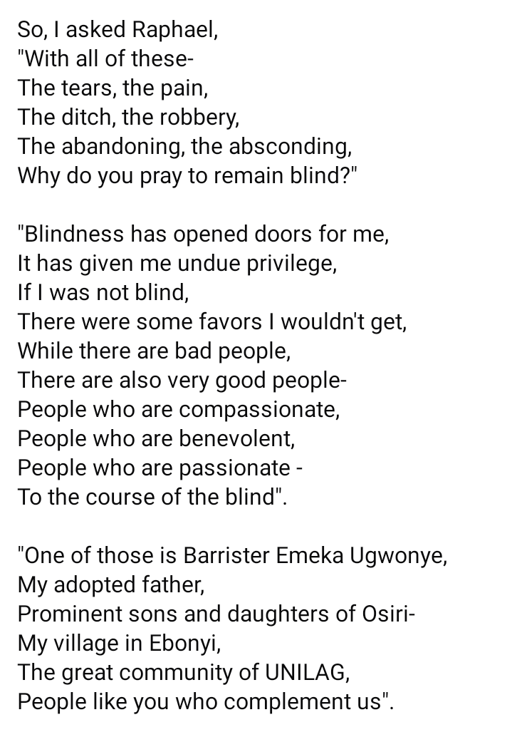 Martins_ugwu's tweet photo. I wrote a poetic eulogy to my friend @ChukwuChikwado who went blind on this day, 18 years ago. Every time Nigeria celebrates independence, he's reminded of the day nature snatched his most precious gift- the gift of sight.

He is now a lawyer and a human rights activist. https://t.co/fxNqANIajy