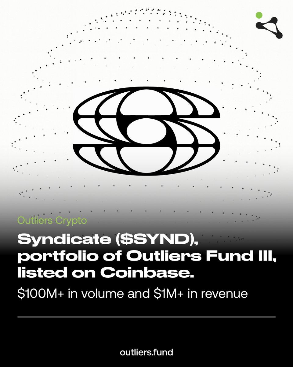 <a href="/syndicateio/">Syndicate</a> ($SYND), portfolio of Outliers Fund III, listed on <a href="/coinbase/">Coinbase 🛡️</a> 

• $100M+ trading volume and $1M+ fees collected on Aerodrome.
• Listed on Coinbase, trading $SYND globally.
• #1 trending token on Base at launch.

This is just the beginning. #SYND
