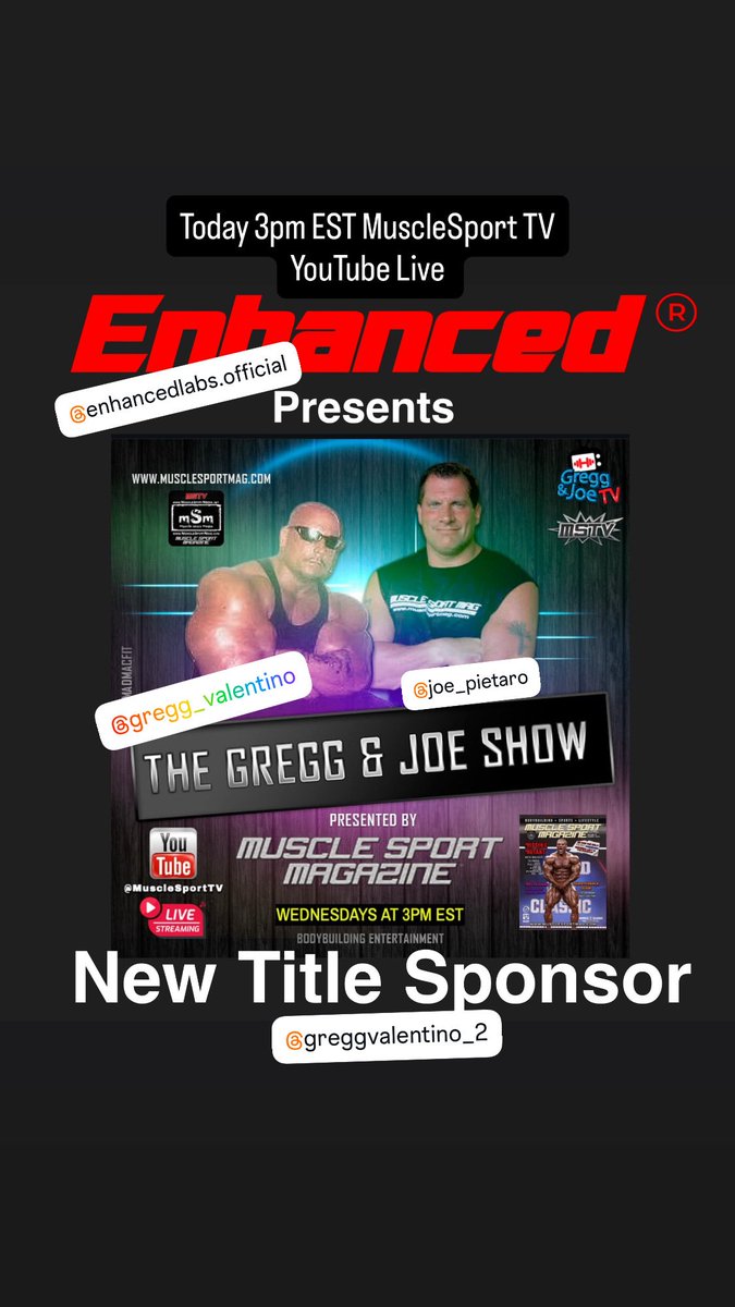 Today at 3pm est YouTube Live MuscleSport TV <a href="/enhancedlabsHQ/">enhancedlabs</a> <a href="/ValentinoGregg/">Gregg_Valentino</a> <a href="/tonyhuge_empire/">Tony Huge Empire</a> <a href="/TonyhugeM/">Tony Huge Muscle Growth</a>