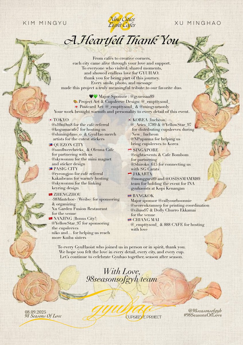 98seasonsofgyh's tweet image. ✨ #98SeasonsOfLove ✨

Our cupsleeve event across 9 cities and 8 cafes (+1 bonus city) has officially wrapped up— and we’re filled with gratitude

This event was a true labor of love, and it would not have been possible without the support of so many amazing people

tysm🐶🐸