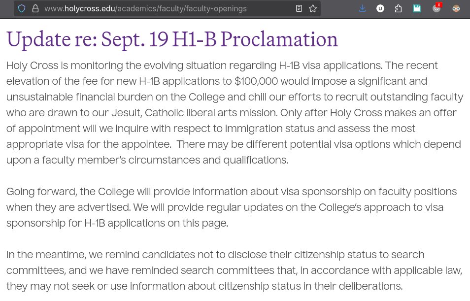 Smaller colleges are noticing the H1B fee proposal and unsure that they will take relevant candidates. After all the turmoil that the bigger colleges went through earlier this year (and keep navigating it), what a time to be on the job market... holycross.edu/academics/facu…