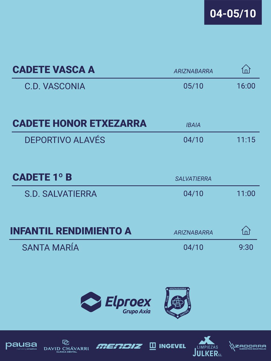 📅 𝗣𝗔𝗥𝗧𝗜𝗗𝗢𝗦 𝗗𝗘𝗟 𝗙𝗜𝗡𝗗𝗘 | 𝟬𝟰–𝟬𝟱/𝟭𝟬

Nueva jornada para nuestros equipos de 𝗗𝗶𝘃𝗶𝘀𝗶ó𝗻 𝗱𝗲 𝗛𝗼𝗻𝗼𝗿, 𝗝𝘂𝘃𝗲𝗻𝗶𝗹𝗲𝘀, 𝗖𝗮𝗱𝗲𝘁𝗲𝘀 e 𝗜𝗻𝗳𝗮𝗻𝘁𝗶𝗹𝗲𝘀 💙

🔵 Rival, día, hora y campo para que no te pierdas nada.

¡#AupaAriz! 💙🙌

#HorariosAriz