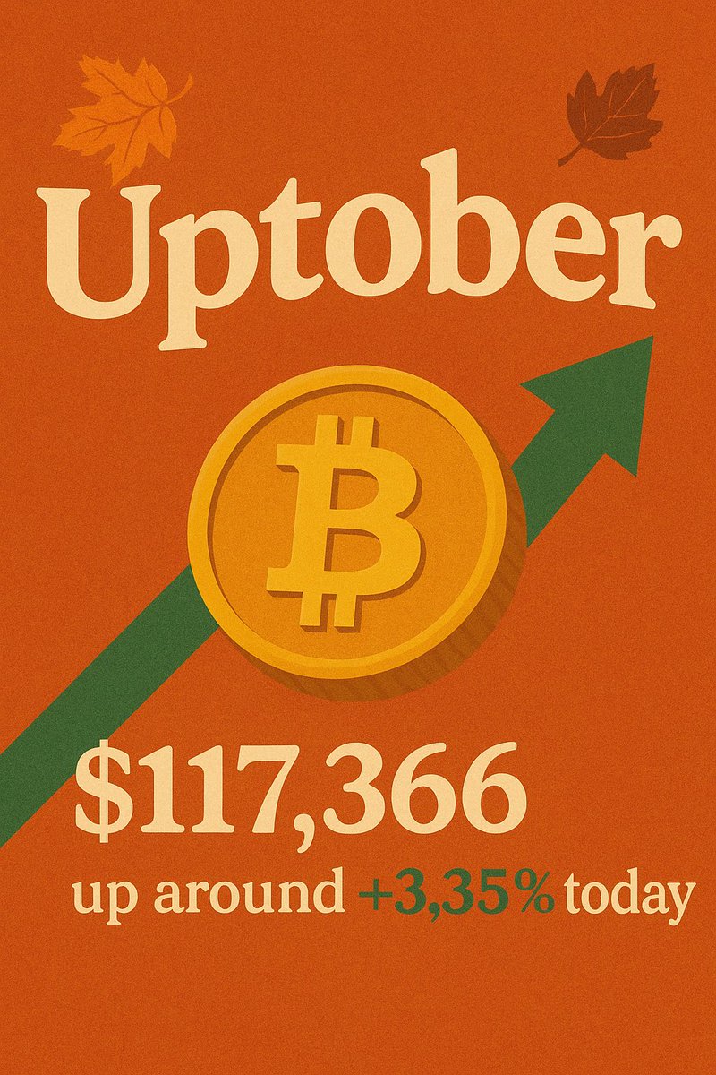 jonaverest's tweet image. Uptober has officially begun and Bitcoin is off to a strong start. Sitting at $117,336, up around +3.35% today, it feels like momentum is finally turning in the right direction. If this is how day one looks, the rest of October could get very interesting.