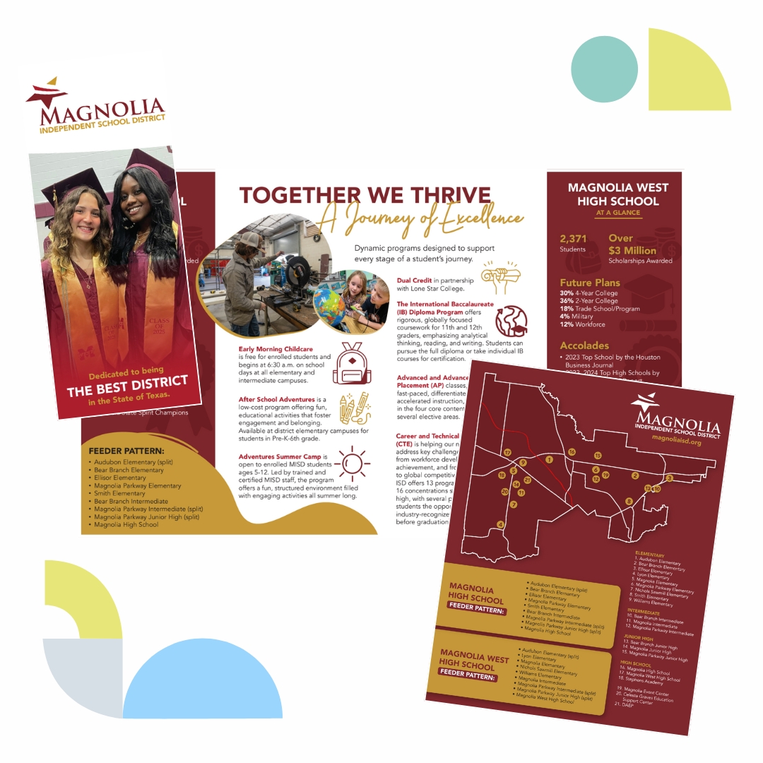 We partnered with the Magnolia ISD team to bring their marketing materials to life. Their brochure highlights how their dynamic programs support every stage of a student’s journey, and their locator map helps families understand their high school feeder patterns.