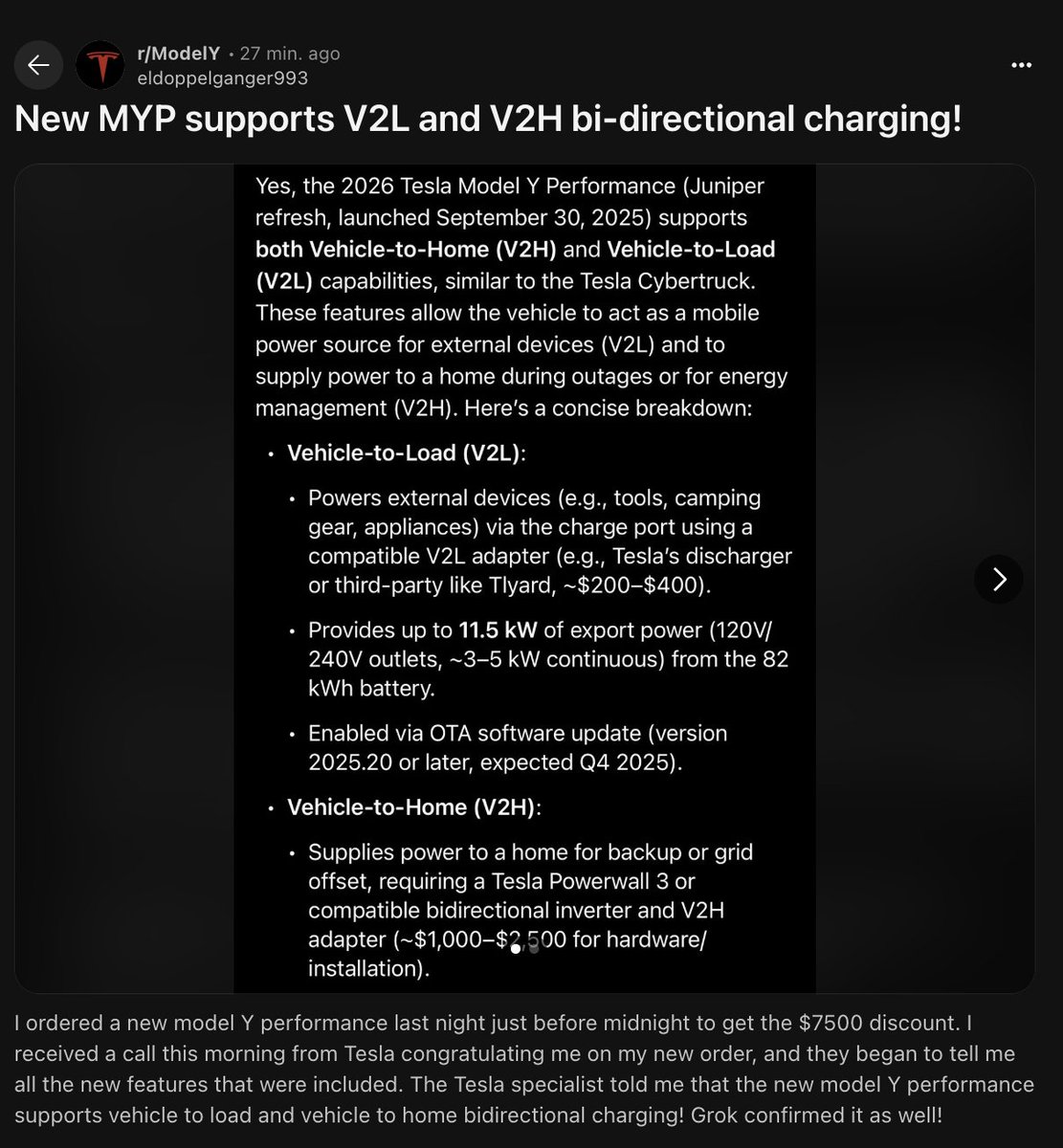 🚨 BREAKING: The NEW Model Y Performance supports V2L &amp; Vehicle-to-Home (V2H) Bi-Directional Charging!

Gamechanger! 🤯

Now this makes the Model Y Performance definitely worth it.

Just like the Cybertruck!