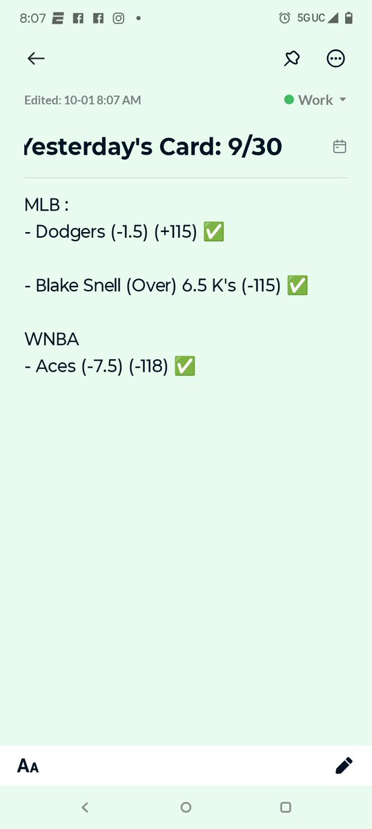 ✅ Yesterday’s Card Recap (9/30) ✅

⚾ MLB:

Dodgers -1.5 (+115) ✅
Blake Snell O6.5 Ks (-115) ✅

🏀 WNBA:

Aces -7.5 (-118) ✅

Clean Sweep 3-0 🧹🔥

Big night for #PicksLaurent 💰🚀
•
•
•
#MLBPicks #WNBAPlayoffs #GamblingTwitter #SportsBetting #SportsPicks #ParlayLife