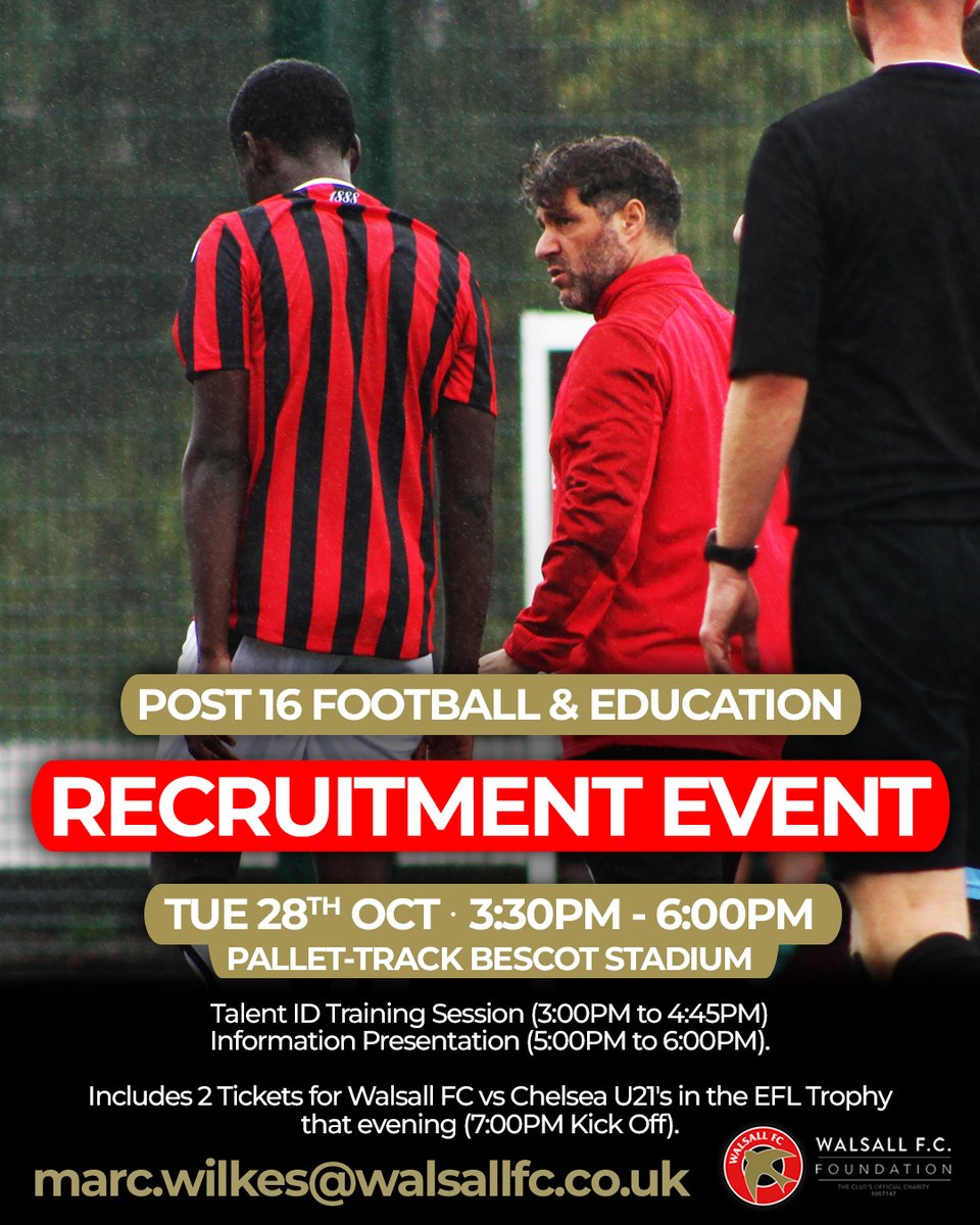 📚⚽ Interested in joining our Post 16 Football and Education Programme?

We're hosting our first Recruitment Event at the end of the month at the Pallet-Track Bescot Stadium.

📧 Register your interest here: walsallfcfoundation.com/sport/post16/

#WalsallFCFoundation | #WalsallFC