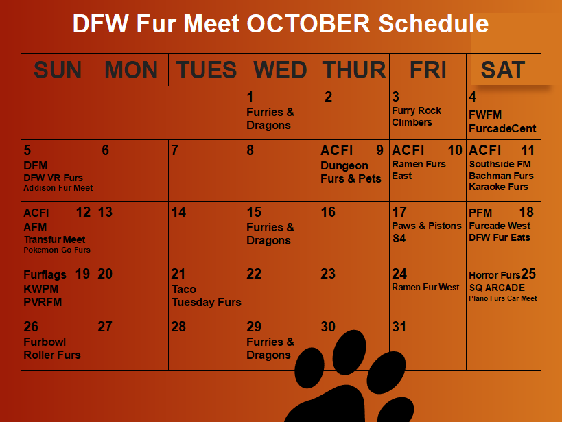 DFWFurs's tweet image. The October furmeet calendar is here #DFWFurs!

Please refer to the key to see organizers, locations, and requirements to attend for each meet! ❤️🐾