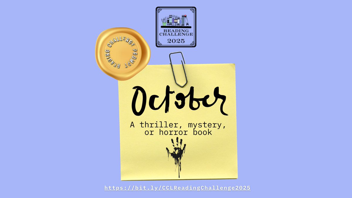 October’s Adult Reading Challenge is here to thrill and chill! 🕯️🎃 Dive into mystery, horror, or suspense—perfect for crisp nights. No registration needed! Log + book list: bit.ly/CCLReadingChal… 

 #OctoberReads #SpookySeasonBooks #TBR #LibraryReads #BookChallenge