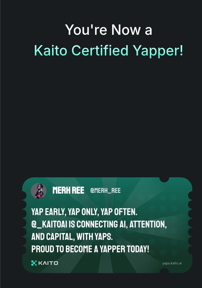 Yap early, yap only, yap often.

<a href="/KaitoAI/">Kaito AI 🌊</a> is connecting AI, attention and capital with Yaps.

Just claimed my social card and I'm accumulating Yap points in real-time.

Claim yours 👉 yaps.kaito.ai/referral/18087…