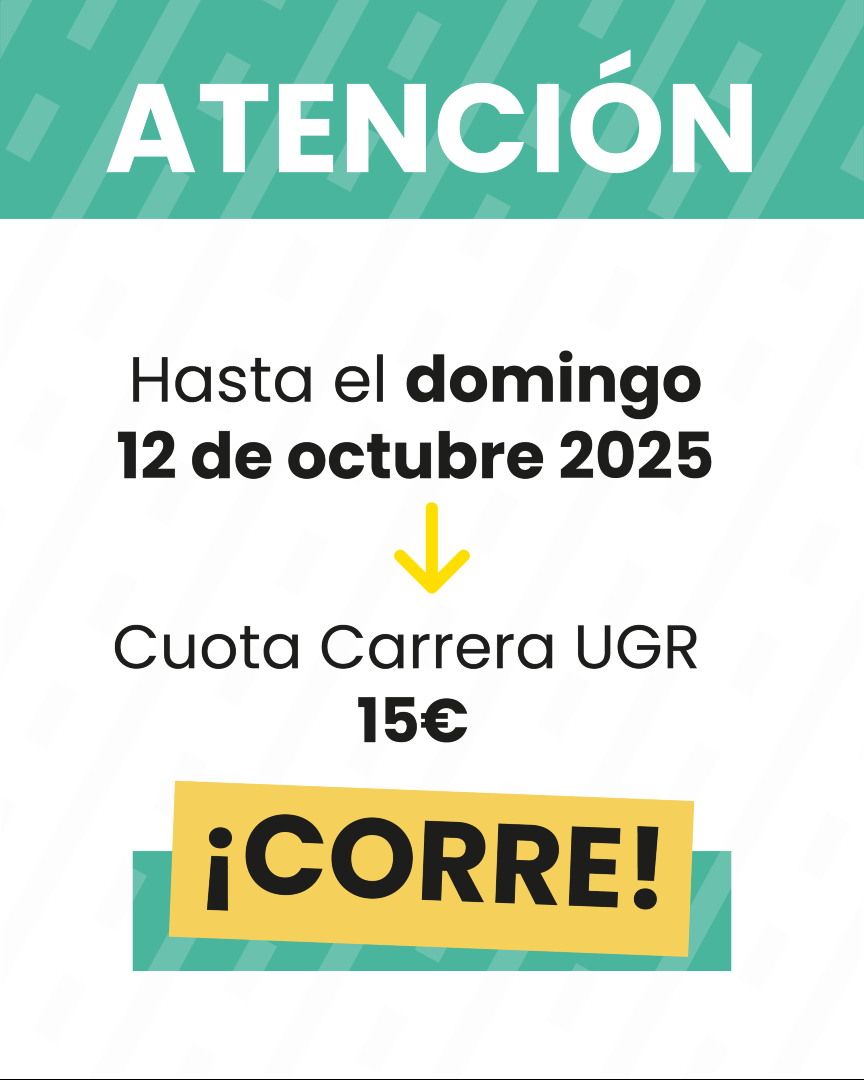 ¡No lo dejes pasar! 
Hasta el domingo 12 de octubre, la inscripción a la 11ª Carrera Universidad-Ciudad de Granada es de 15,00 €. No dejes pasar esta oportunidad. 
El lunes 13 de octubre será de 18,00 €.

#deportesugr #carrerauniversitariagranada