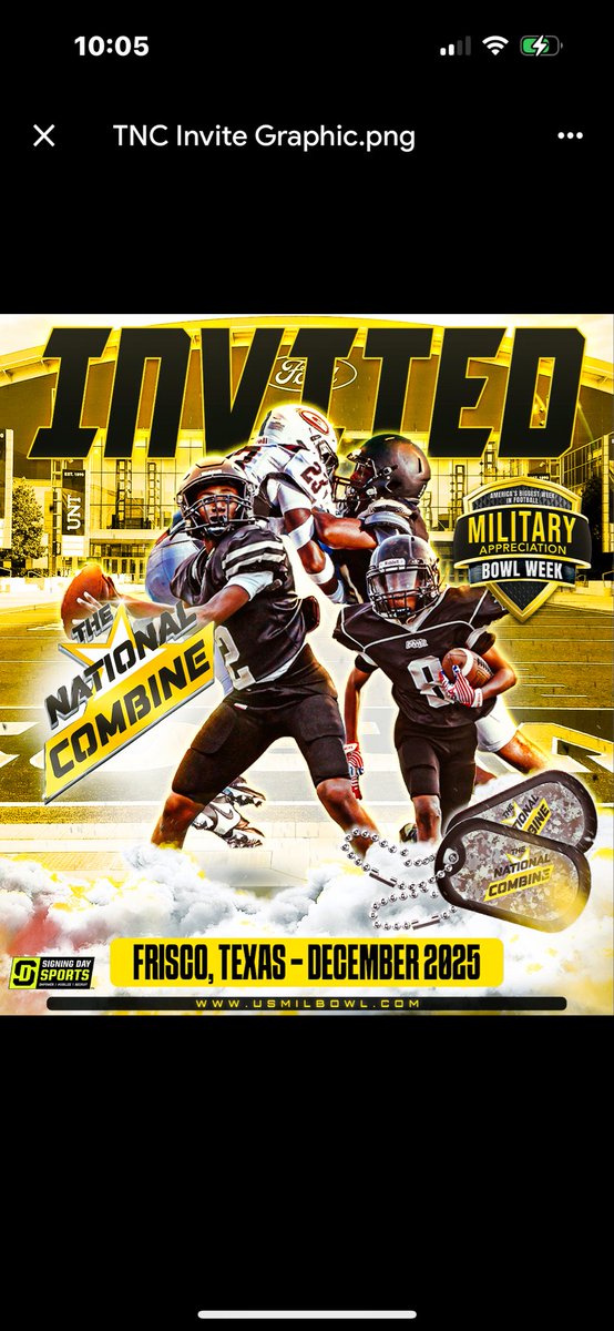 🚨 Blessed &amp; Excited 🚨
I’m honored to have received an invite to the National Combine during Military Bowl Week in Frisco, TX this December! <a href="/CoachMcCannERT/">Coach McCann</a> 
Grateful for the opportunity to compete and showcase my talents.<a href="/USArmyBowl/">Military Appreciation Bowl Week</a> @SigningDaySports 
#NationalCombine