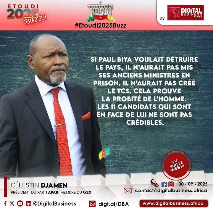 #Etoudi2025Buzz🤳
 
🇨🇲 <a href="/CelestinDJAMEN/">Celestin DJAMEN</a> Célestin DJAMEN : Si Paul BIYA voulait détruire le pays, il n'aurait pas mis ses anciens ministres en prison .

Source : facebook.com/share/p/1CDXKG…

Plongez au cœur de l'élection présidentielle d'octobre 2025 avec notre rubrique exclusive. Avec