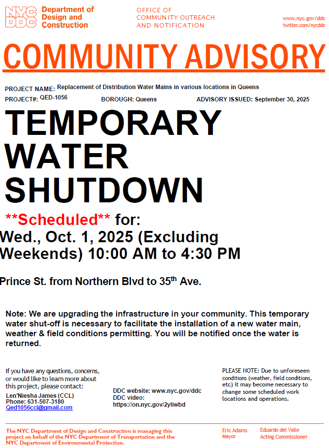 QueensCB4's tweet photo. 📢ATTENTION!
🚧Please be advised that a temporary water shut down will take place in the following location:

▪️Today 10/01/2025, 10:00 AM to 4:30 PM:
Prince Street from Northern Blvd. to 35th Avenue.
The Department of Design and Construction is upgrading the infrastructure. https://t.co/sm8tNGxDBY