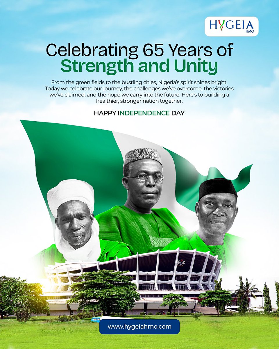 HygeiaHMO_'s tweet image. 65 years of resilience, unity and progress 🇳🇬

At Hygeia HMO, we celebrate Nigeria’s journey, our shared victories and the hope we carry into the future.

Happy Independence Day, Nigeria! 💚🤍💚 

#NigeriaAt65 #StrengthAndUnity #HygeiaCares