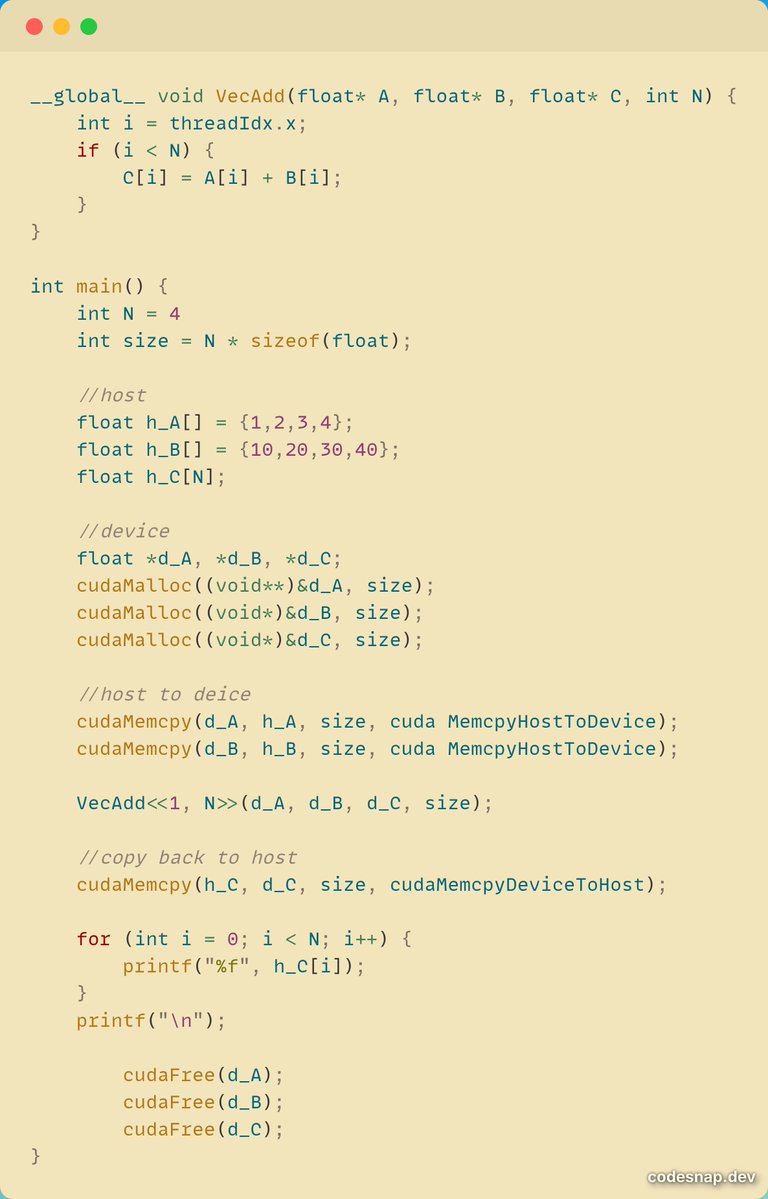 mohitwt_'s tweet image. wrote my first CUDA, a simple c = a + b:

what its doing:
&amp;gt; allocate CPU mem and fill with input data
&amp;gt; allocate GPU mem
&amp;gt; copy input data CPU to GPU
&amp;gt; gpu kernel computes
&amp;gt; copy result back gpu to cpu
&amp;gt; print results from CPU
&amp;gt; free GPU mem
😭
