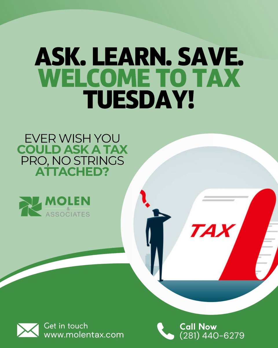 molentax's tweet image. ❓Ever wish you could ask a tax pro, no strings attached?

Now you can with Tax Tuesday! Each month, we deliver quick tax tips and open the floor to YOUR questions in real time.
.
#TaxTuesday #AskMolenTax #SmartFinanceTips #TaxHelpMadeEasy #TaxQandA