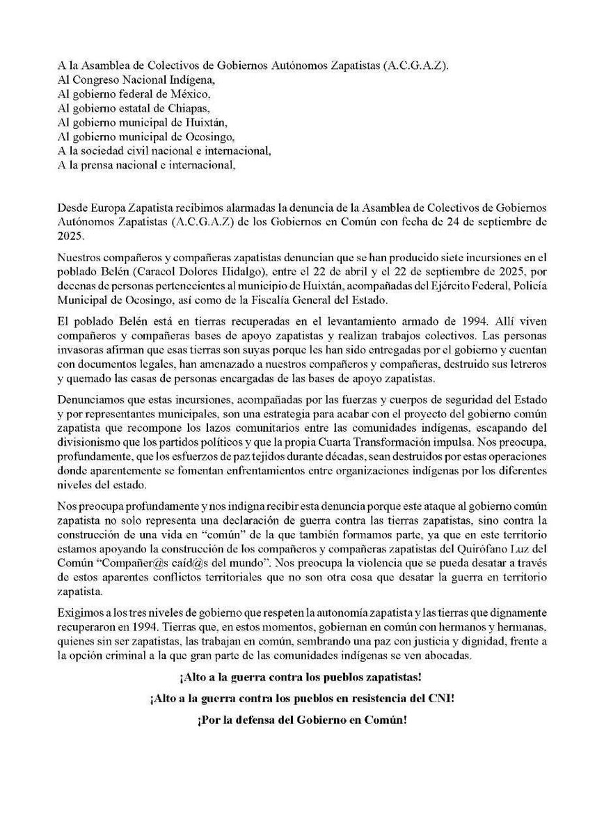 rua_mx's tweet photo. Organizaciones de la Europa de abajo y la izquierda se pronuncian por el alto a los ataques contra las comunidades zapatistas 

#ZapatistasBajoAtaque
#DefendamosElComún https://t.co/pwppcIHX0P