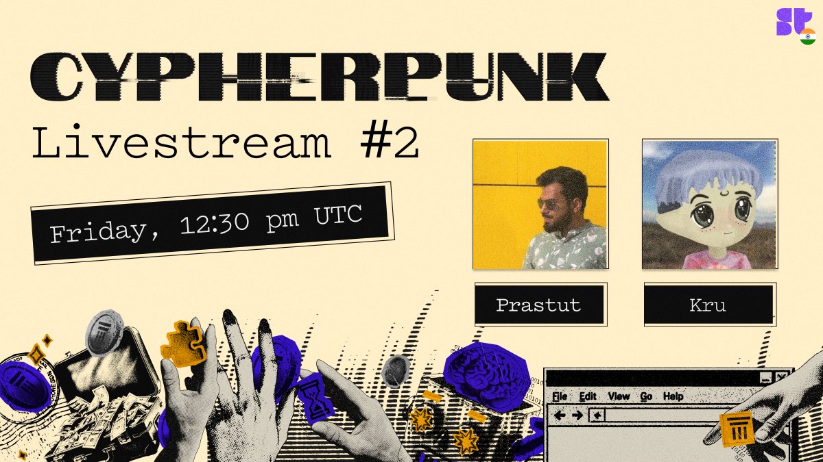 cypherpunk is well and truly underway, and we are going LIVE again 🚨

&gt; wins of the week
&gt; <a href="/prastutkumar/">Prastut (hiring sr. product designer)</a> from <a href="/asgardfi/">Asgard Finance</a> 
&gt;  <a href="/kru_tweets/">Kru</a> from <a href="/UmbraPrivacy/">Umbra</a>
&gt; and a cheeky hackathon corner

hosted by <a href="/paarugsethi/">Paarug Sethi</a>, tune in on friday, 12:30 pm UTC (6 pm IST)!