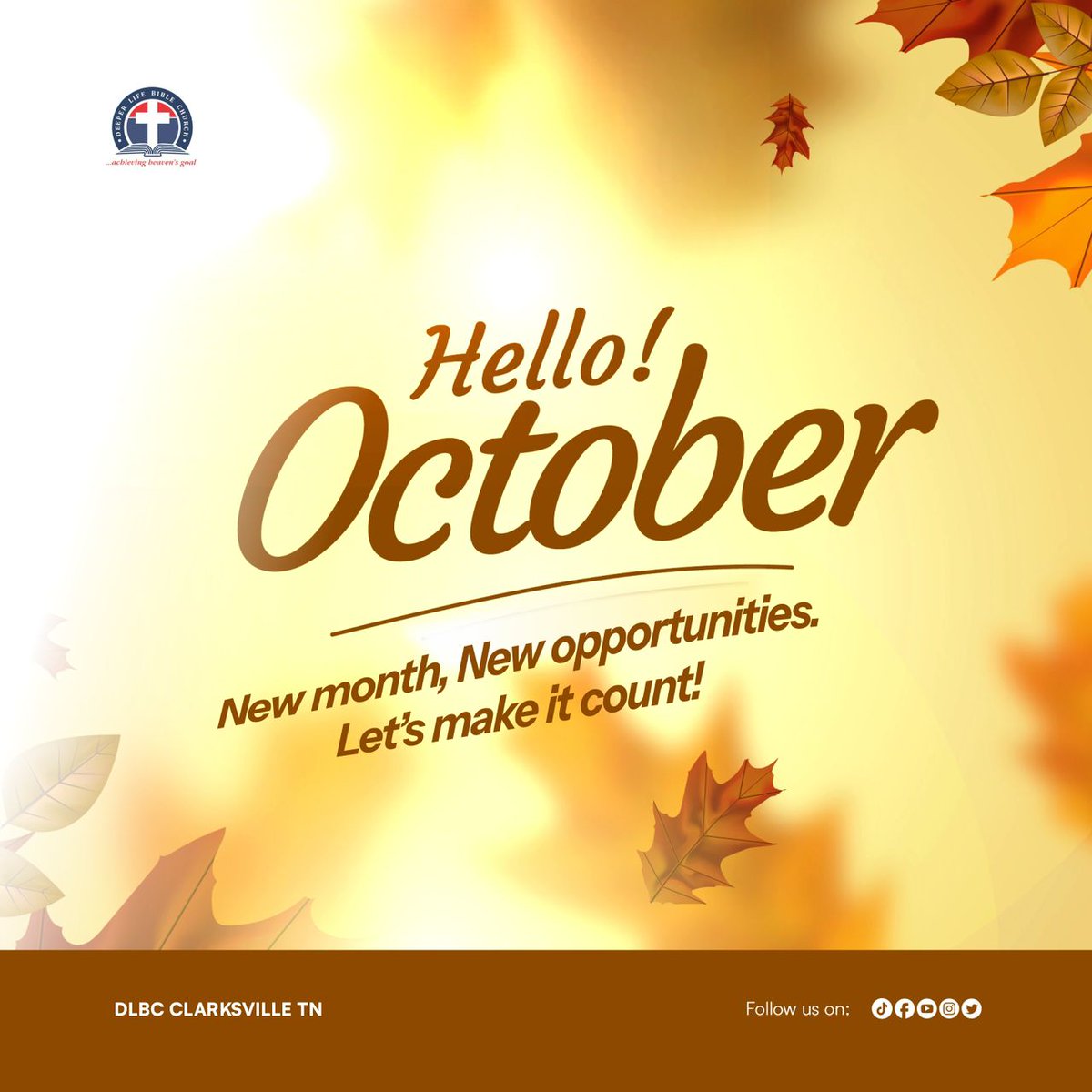 DLBCClarksville's tweet photo. A new month is a fresh page. Leave behind yesterday’s worries and step into October with renewed energy, fresh goals, and unstoppable courage.

May this month bring us clarity, opportunities, and the strength to keep moving forward in Jesus' name.

#newmonth #october https://t.co/31fzPj0Hsd