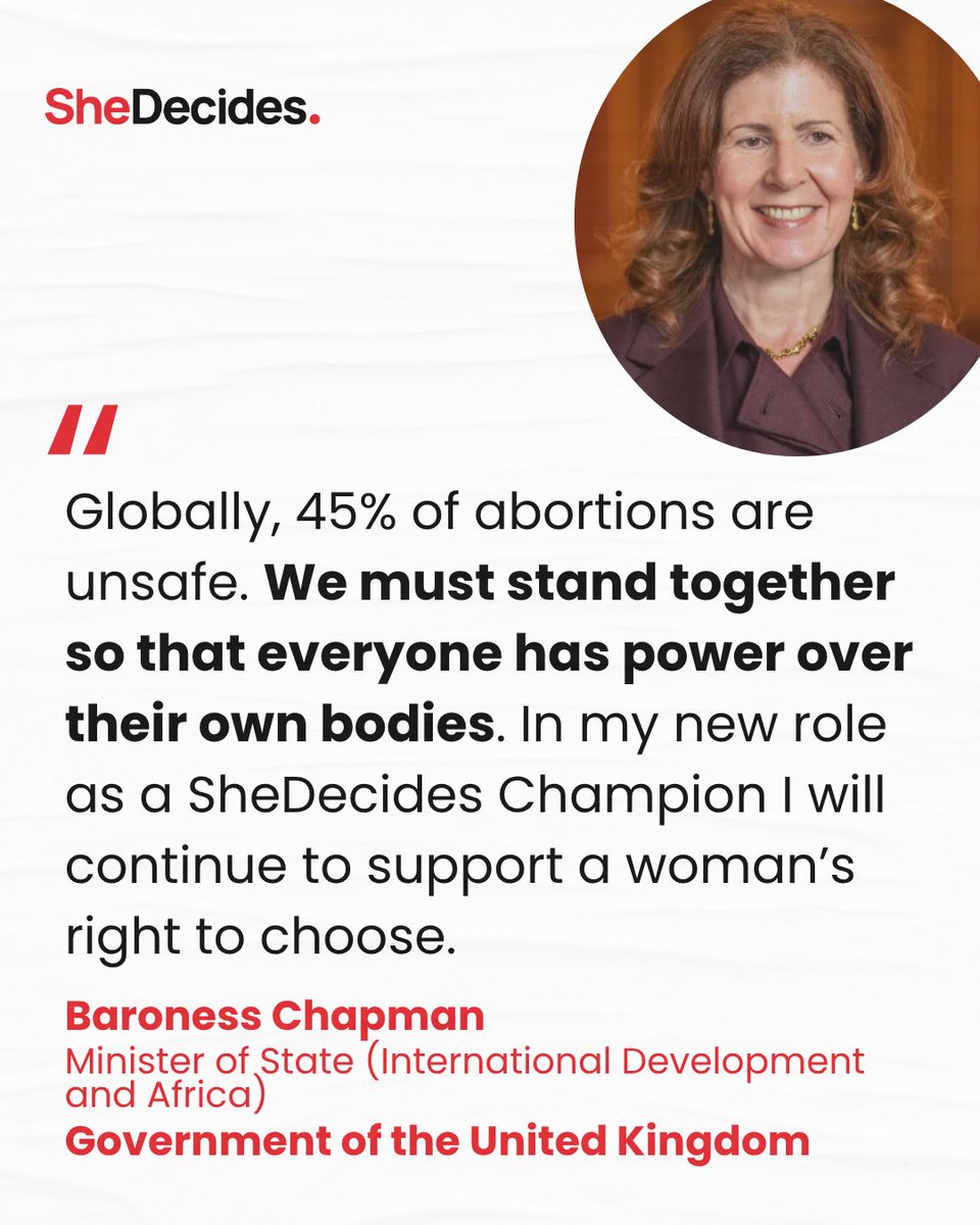 SheDecidesGFI's tweet image. We are pleased to welcome Baroness Chapman, UK Minister of State (International Development, Africa), as a new #SheDecides Champion! Amidst pushback, clear, loud support for #BodilyAutonomy is essential. We welcome the UK’s commitment to #SRHR &amp;amp; #SafeAbortion as essential