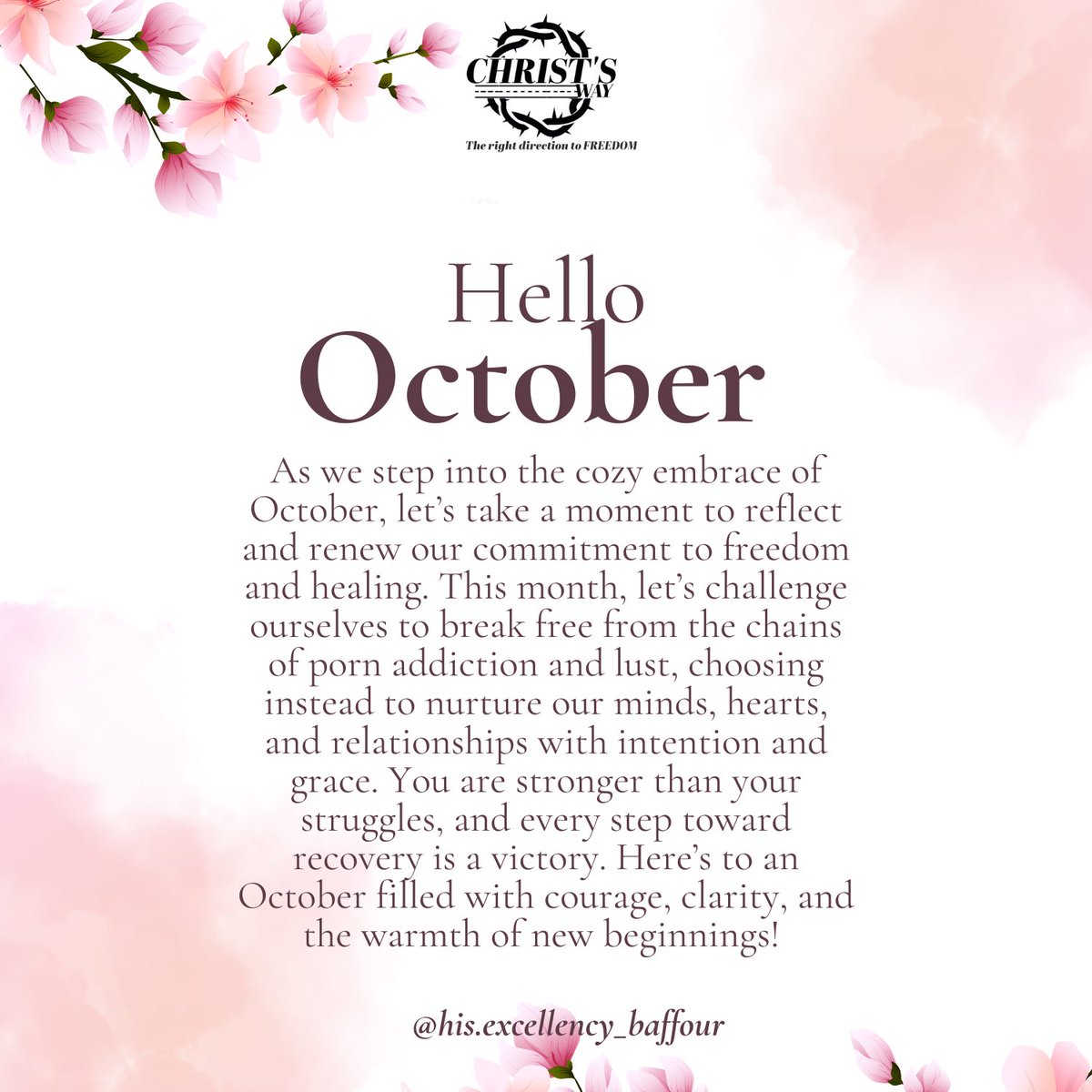 baffour_gyewu's tweet image. Happy October! 🍂💪 
Let’s kick off this month with a renewed focus on breaking free from porn addiction &amp;amp; lust. Embrace the crisp air, find strength in every step, and chase healing with courage. You’ve got this! ✨ #NewMonthVibes #OvercomeAddiction #OctoberFreshStart