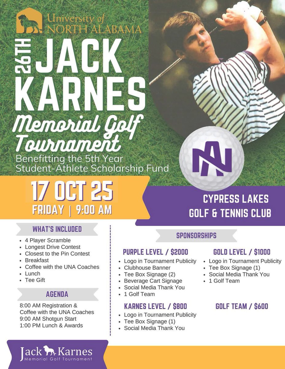 UNAAthletics's tweet photo. Registration is now open for the 2025 Jack Karnes Memorial Golf Tournament! Join us for a morning of golf on Homecoming Weekend! Register your team at the link below ⤵️

📎 https://t.co/DhZWtPLmNT https://t.co/2UZlspURV0