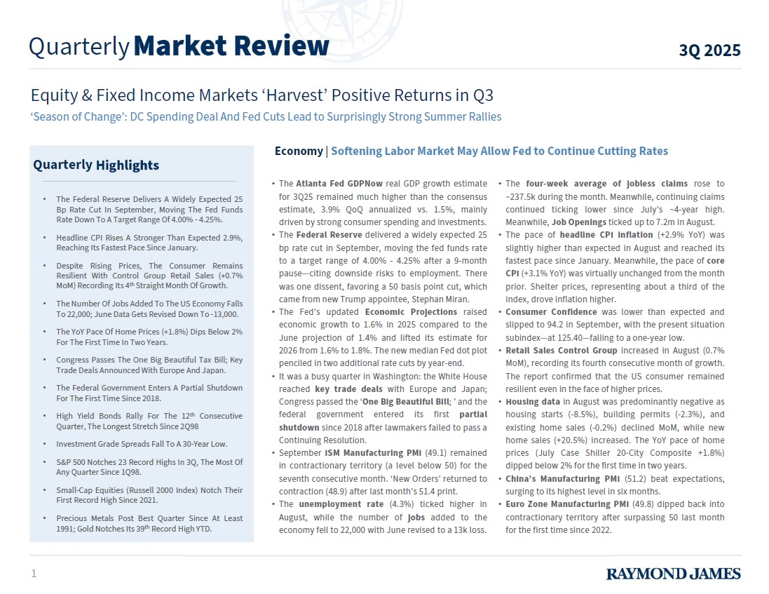 LarryAdamRJ's tweet image. Our #QuarterlyMarket Review: &quot;Equity &amp;amp; Fixed Income Markets &apos;Harvest&apos; Positive Returns in Q3,&quot; provides a detailed recap of the performance of various #markets and #assetclasses in the third quarter of 2025. tinyurl.com/MonthlyMarketR…