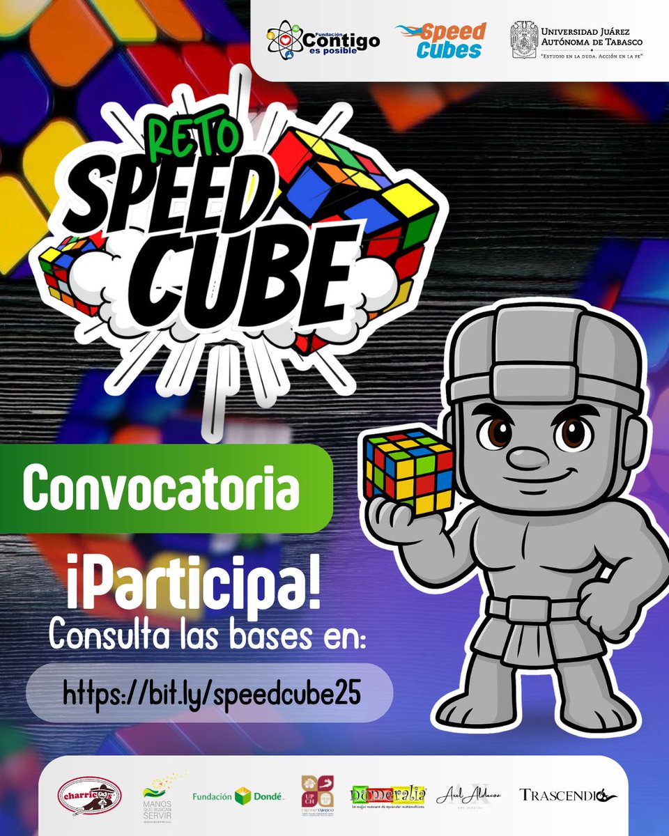 La #UJAT y Fundación Contigo es Posible invita a niños y jóvenes a participar en el :
𝐑𝐞𝐭𝐨 𝐒𝐩𝐞𝐞𝐝 𝐂𝐮𝐛𝐞 🧠💡📟✨
.
🗓️ Fecha límite: 03 de noviembre de 2025
.
Mayores informes:
fundacioncontigoesposible.org
.
¡Participa!
#CienciaJuchiman #UJAT #LegadoUJAT