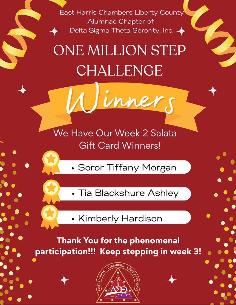 We’re on a roll, let’s keep it going! Congratulations to our week 2 winners! 👏🏽 To date, we’re at 3,516,038 steps with 123 walkers. 👟👟
#WalkItOut #EastHCLCDeltas #DST1913 #healthandwellness