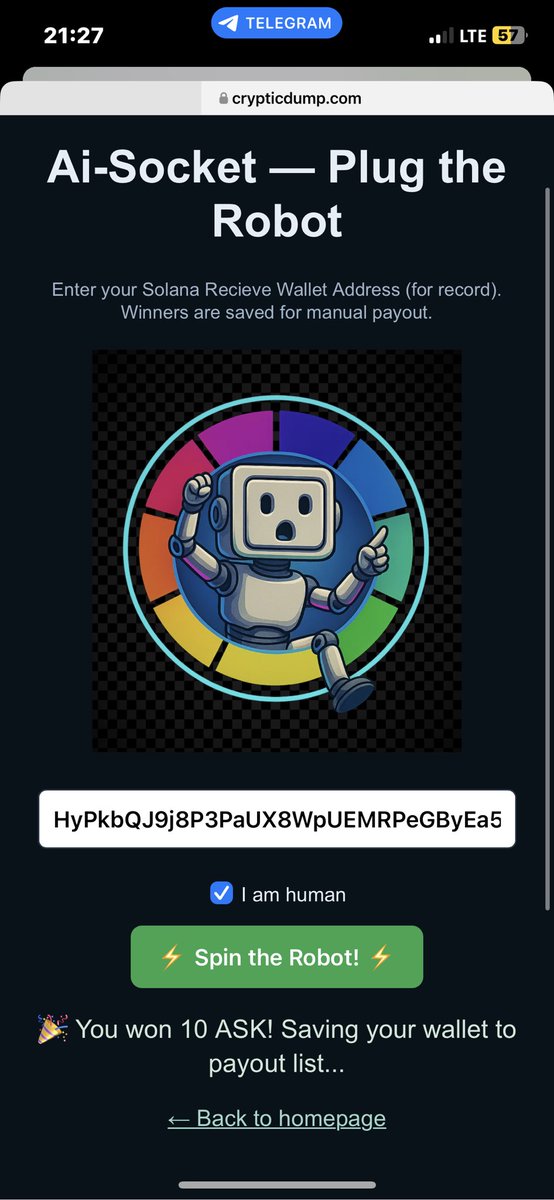 Check out Ai-Socket — Plug the Robot on crypticdump.com! Spin the robot, enter your Solana wallet address, and get a chance to win 10 ASK! Winners are saved for manual payouts. Test your luck now! #AiSocket #CryptoGiveaway #Solana