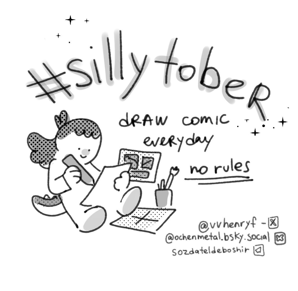 vvhenryf's tweet photo. i’ve decided to start my own challenge #sillytober 
all you need is to draw a comic about anything in any style you want 
experiment with everything!
i want to create space for my everyday thoughts about making comics
join me! 💚
#artchallenge #inktober #Inktober2025 https://t.co/1ERfcVddkJ