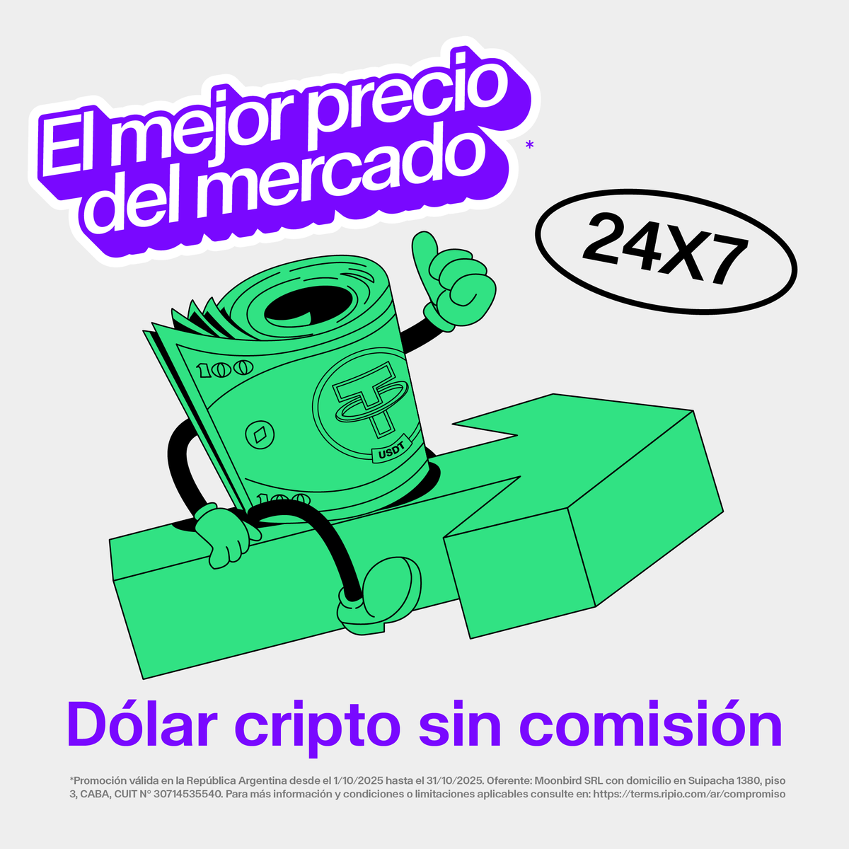 RipioApp's tweet photo. $USDT 🚨

- El MEJOR PRECIO del mercado. 
- 0 % comisión. 
- Y ahora: TODOS los días. 

Posta, chequeá la app 💸