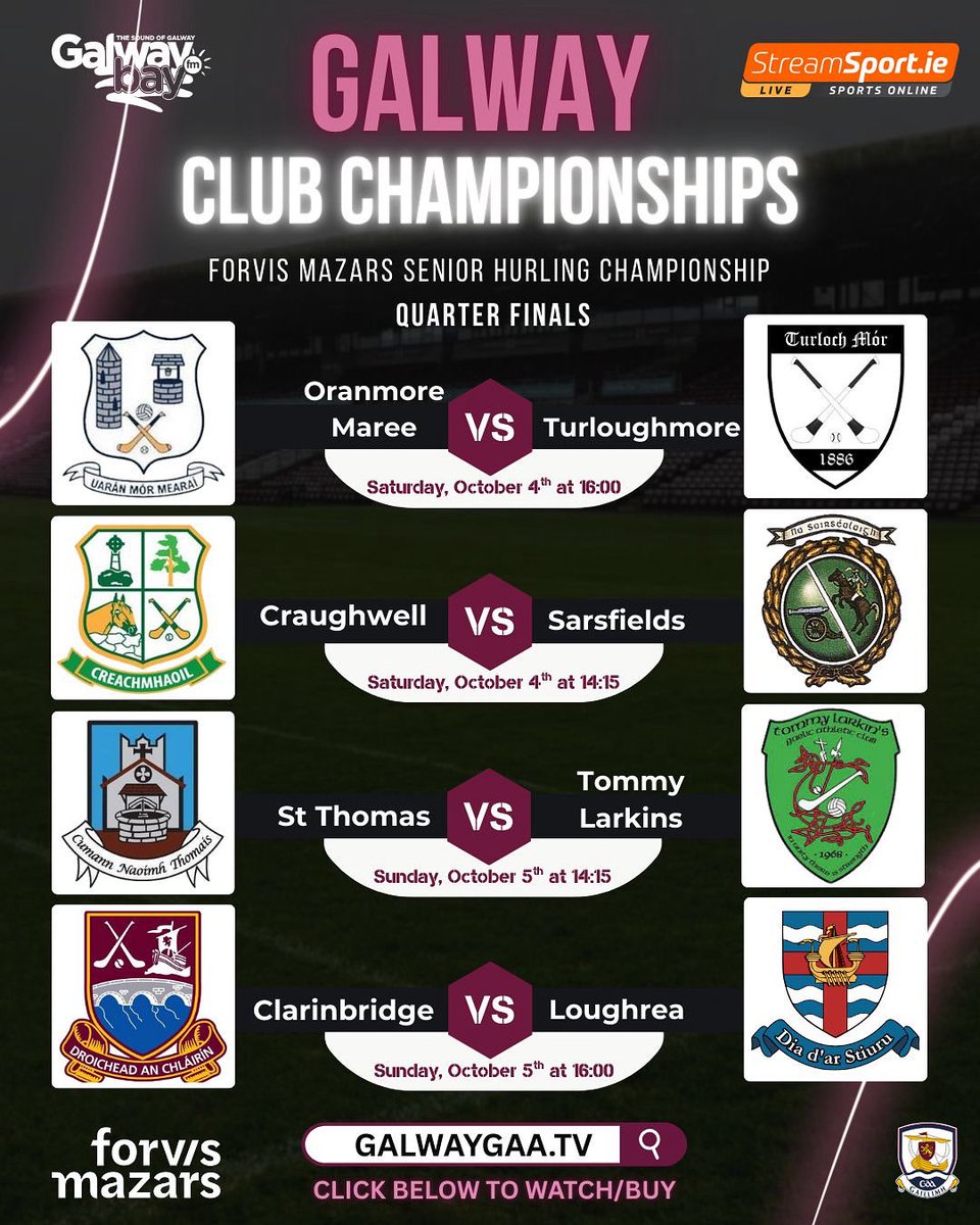 4️⃣ GALWAY HURLING QUARTERS! 

📺 Don’t miss the SHC quarter-finals live on Galway GAA TV this weekend! 

🔗 Click here to buy/watch: page.inplayer.com/galwaygaatv/

<a href="/Galway_GAA/">Galway GAA Official</a> | <a href="/gbfmsports/">Galway Bay FM Sport</a> 

#galwaygaa #GAA