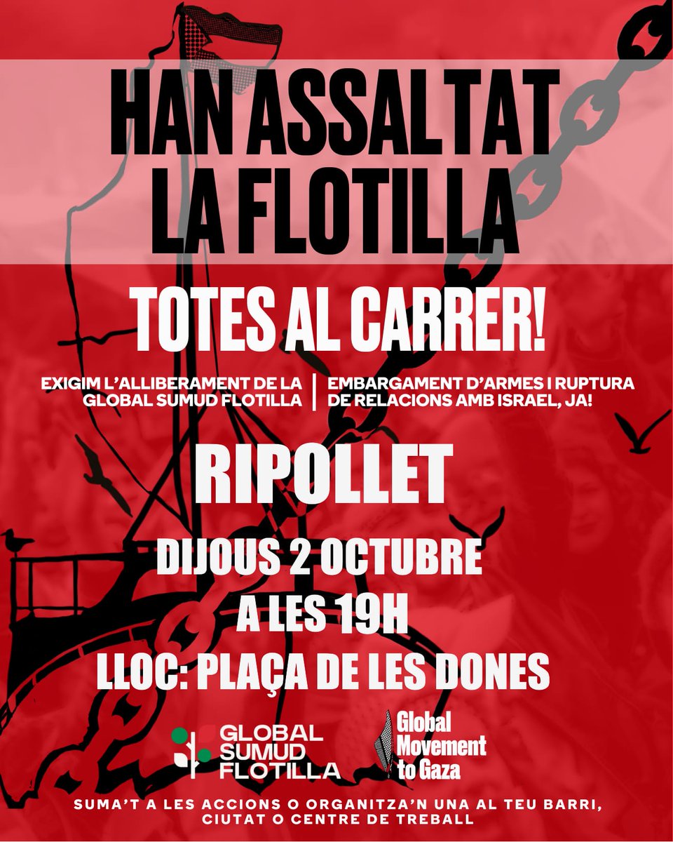 Amb total impunitat, l'estat genocida d'israel ha interceptat i detingut als integrants de la GS Flotilla que,recordem,anaven a Gaza en missió humanitària.Ho ha fet en aigües internacionals saltant-se les lleis.Demà omplim els carrers i forcem als governs a moure fitxa!!