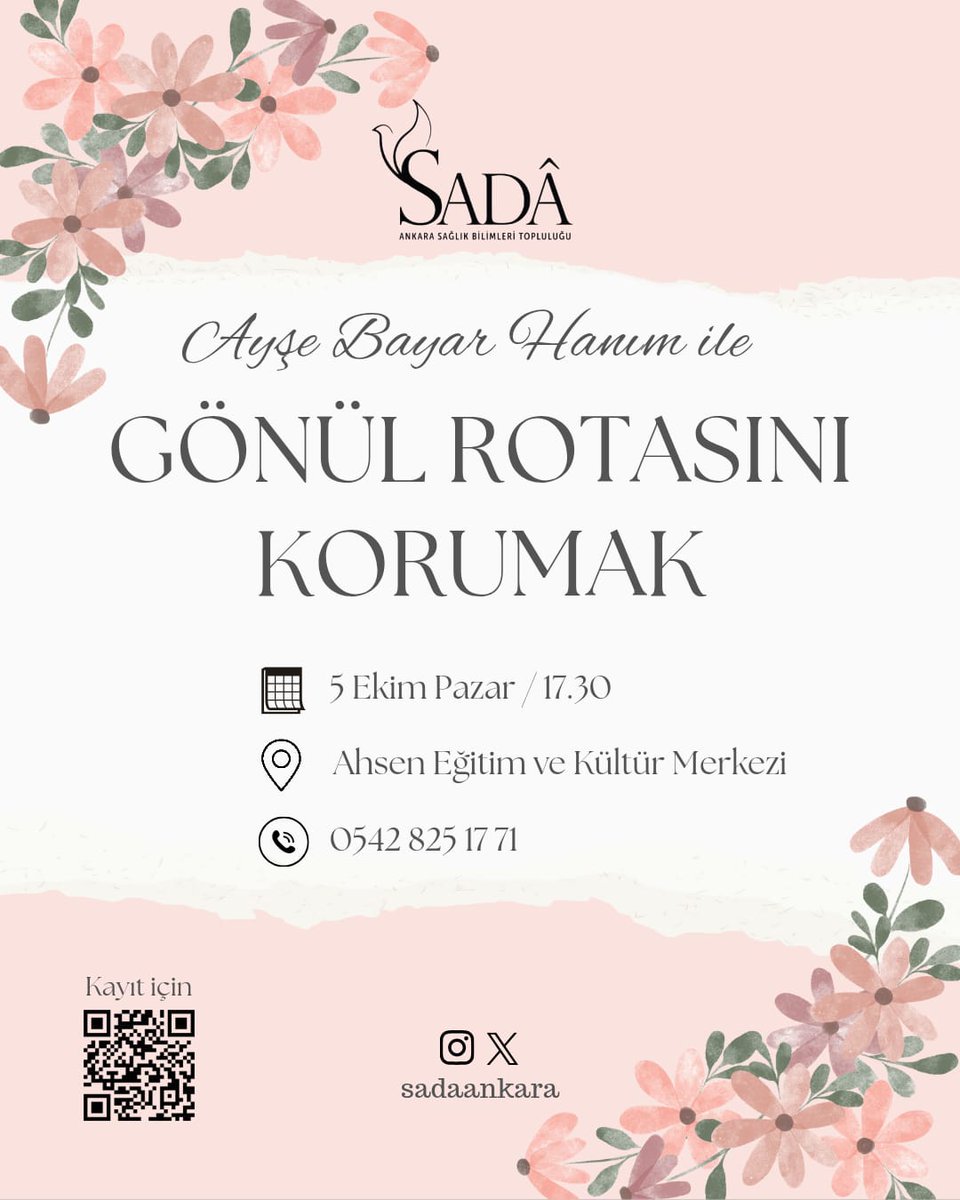sadaankara's tweet photo. 🌿 Yeni bir döneme taze bir niyetle…
SADÂ Ankara Sağlık Bilimleri Topluluğu olarak hayatın koşuşturmasında yönümüzü ve yüreğimizi tazelemeye ihtiyaç duyduğumuz bir anda, Gönül Rotasını Korumak başlıklı seminer programı ile kalbimize dokunacak bir başlangıç yapıyoruz. https://t.co/hWtPBWXDDQ