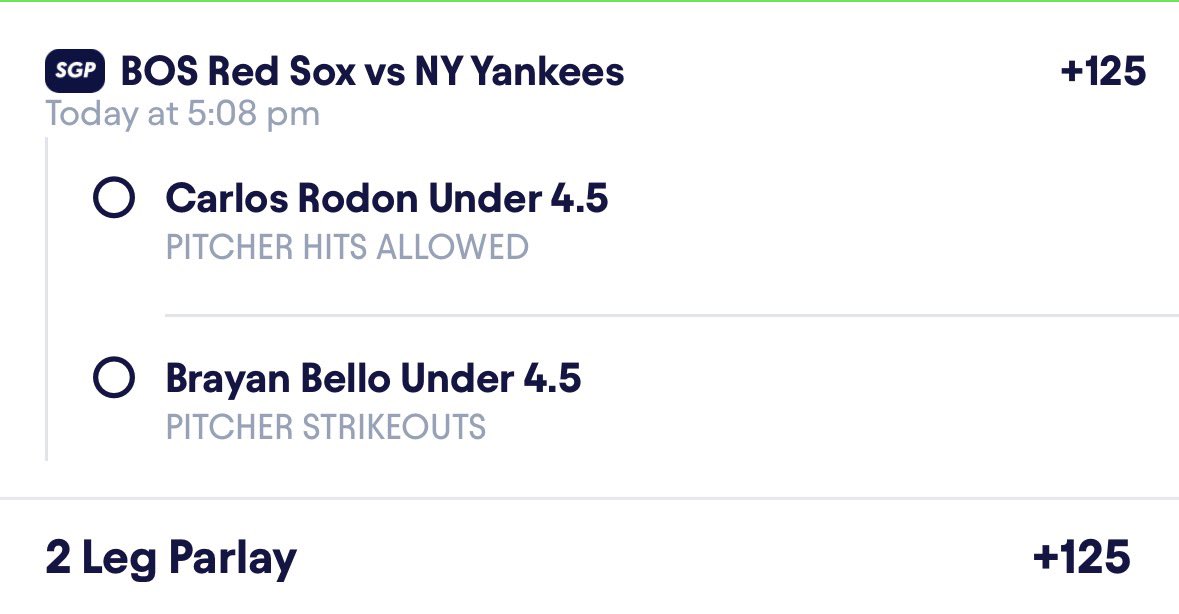 SplitterDFS's tweet image. Red Sox vs Yankees SGP
Carlos Rodon Under 4.5 Hits Allowed
Brayan Bello Under 4.5 Pitcher Strikeouts
Parlay 🎟️; +125
#MLB #GamblingTwitter #DFS #Sportsbettingpicks #Draftkings #Parlay #Sportsbook #Prizepicks