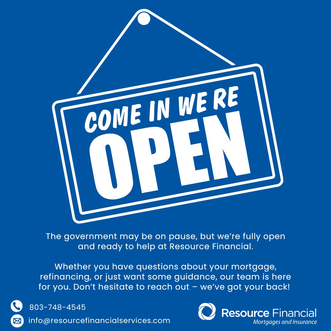Resource Financial Services, Inc. (@resourcefs) on Twitter photo While the government hits pause, we’re still moving forward! Resource Financial is open—let’s tackle your financial questions together. 💙🏘️
Reach us at (803)-748-4545 or info@resourcefinancial.com
#ResourceFinancial #OpenForBusiness #FinancialAdvice While the government hits pause, we’re still moving forward! Resource Financial is open—let’s tackle your financial questions together. 💙🏘️
Reach us at (803)-748-4545 or info@resourcefinancial.com
#ResourceFinancial #OpenForBusiness #FinancialAdvice