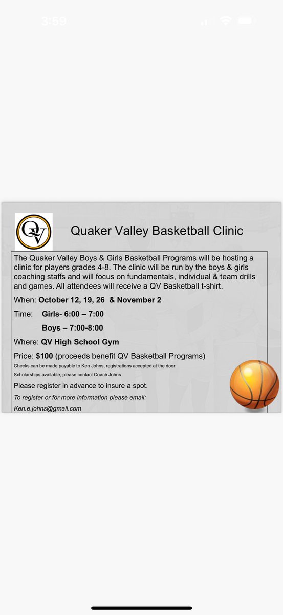 Calling all hoopers in 4th-8th grade… don’t miss the opportunity to learn some 🏀 fundamentals from the QVHS 🏀 coaches and players.  Sign up today for the QV 🏀 Clinic!  Proceeds benefit the QV 🏀 program.  💛🏀🖤