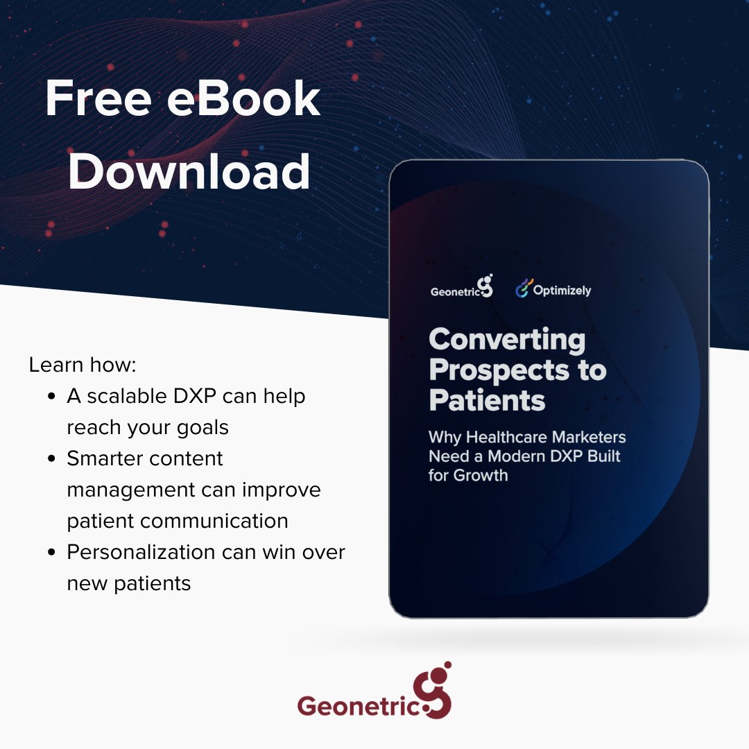 Geonetric (@geonetric) on Twitter photo Download "Converting Prospects to Patients," our collaborative eBook with <a href="/Optimizely/">Optimizely</a>, to learn why healthcare marketers need a #DigitalExperiencePlatform built for growth.
hubs.ly/Q03LlT9t0
#HealthcareMarketing #HealthcareWebsite #DigitalMarketing #DXP #Optimizely Download "Converting Prospects to Patients," our collaborative eBook with <a href="/Optimizely/">Optimizely</a>, to learn why healthcare marketers need a #DigitalExperiencePlatform built for growth.
hubs.ly/Q03LlT9t0
#HealthcareMarketing #HealthcareWebsite #DigitalMarketing #DXP #Optimizely