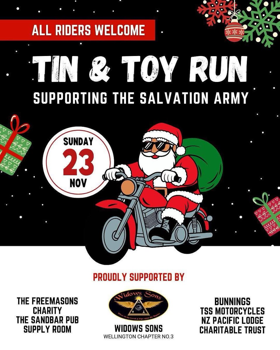 The Widows Sons Tin and Toy Run. freemasonnz.org Please like, follow, and share this post and support if you can.
Our Masonic Motorcycle Chapter is bringing joy to families in the forthcoming Festive Season with a special ride!