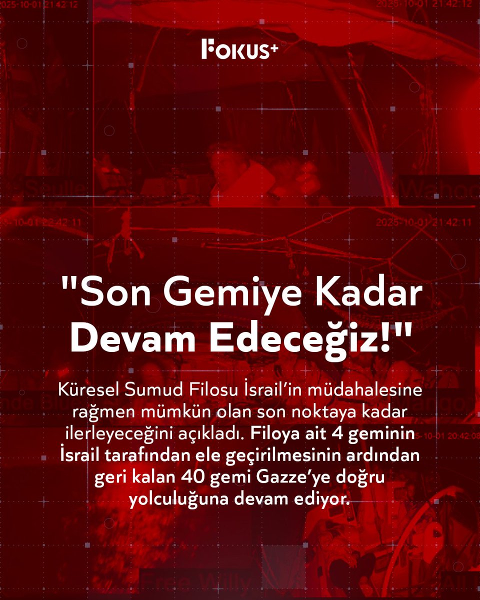 ➕ Küresel Sumud Filosu: 

▪️ "Filomuzda müdahale edilmeyen teknelerimiz Gazze rotasında seyrüsefere devam ediyor. Gazze'ye 60 mil."