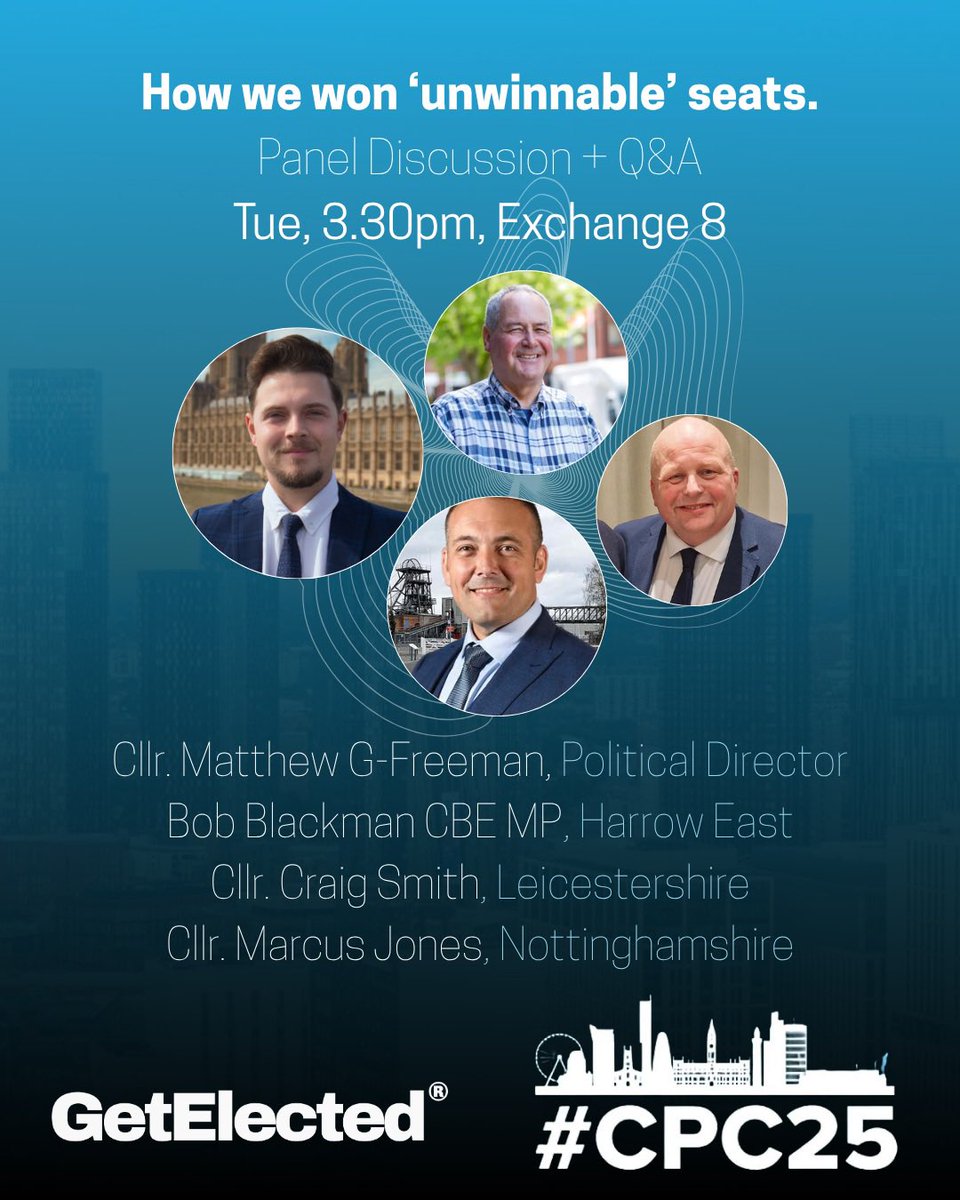 UKGetElected's tweet photo. 🗣️ Join us at #CPC25 in Manchester!

GetElected is hosting a must-attend panel discussion on Tuesday 7th October at 15:30 in Exchange 8.

📍 Our Panellists:
@BobBlackman (1922 Committee Chair)
@craig_smithUK (Coalville North Cllr)
@PPresidentRTBI (Chairman, Nottingham Federation) https://t.co/2l2dYvq8mR