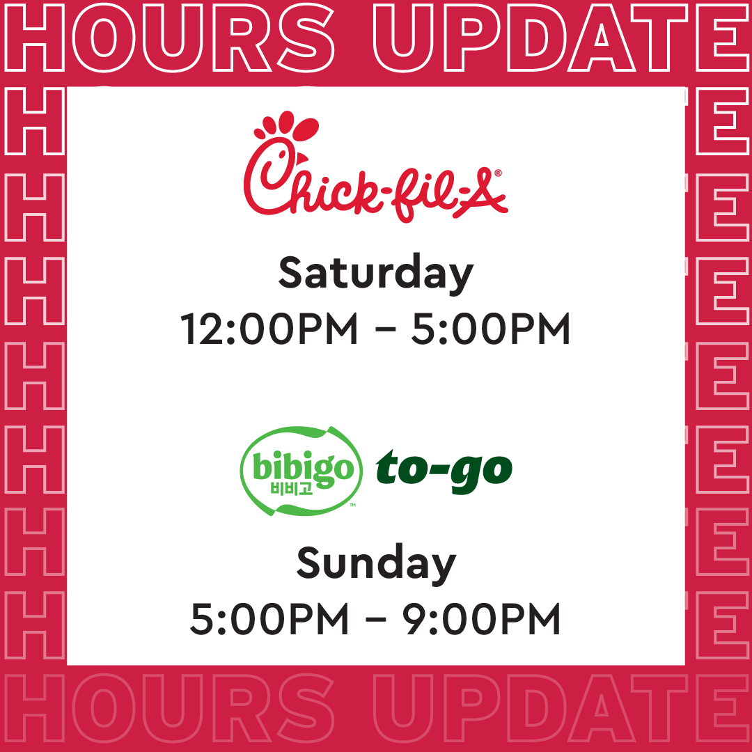 huskiesdining's tweet image. 📣 Weekend Hours Update! We've updated our weekend hours at bibigo to-go and Chick-fil-A! We’re excited to serve you during our new weekend hours 🤩

🗓️ Note: All other hours remain the same.

@SCSUAtwood 

#huskiesdining #stcloudstate #updatedhours