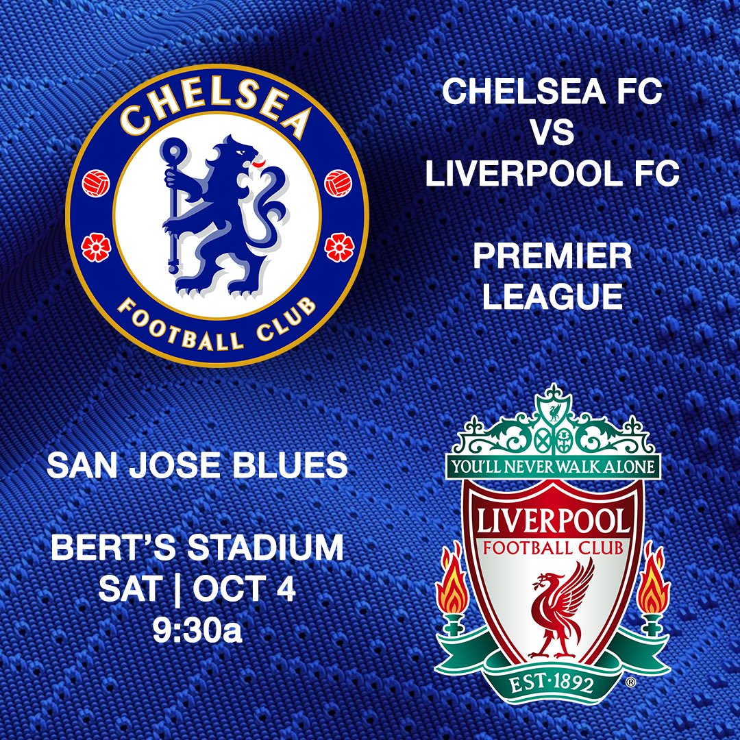 Chelsea v Liverpool
Saturday, October 4 at 9:30AM. 
Join us at Bert’s Stadium Sports Bar (The Stadium). 
208 S Fair Oaks Ave, Sunnyvale, CA 94086
<a href="/CFCInAmerica/">Chelsea In America</a> <a href="/CarefreeCA1905/">Carefree California ⭐⭐</a>